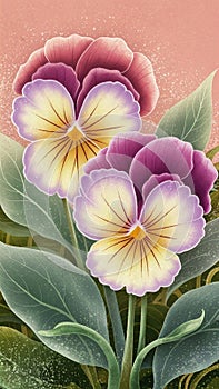 Lilac pansy flower illustration with yellow and pink nuances with shadow effect. photo