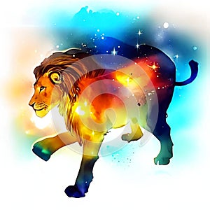 Illustration of a lion on a colored background with stars and space AI generated