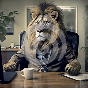 Illustration of a lion dressed in a suit working in an office setting, portraying a businessman lion.