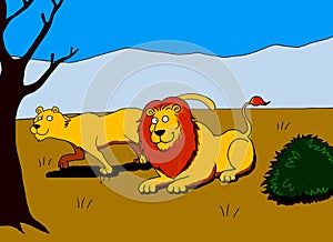 Illustration of a lion and a lioness resting in the savannah