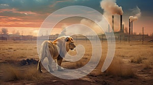 Illustration from lion standing upfront factory in savanna with smoke with copy space created with with Generative AI photo