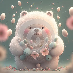 illustration little bear cub penguin with flowers children\'s style fairy tale Generative AI