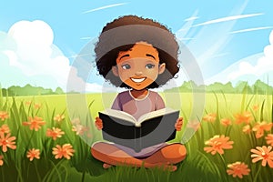 Illustration of a little black girl reading a book in the grass