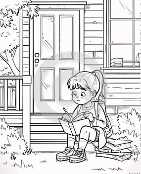 Illustration of a Little Boy Reading a Book While Sitting on the Front Door of a House