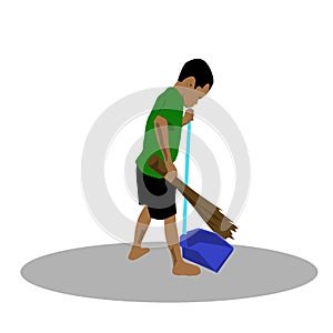 illustration of a little boy sweeping the house