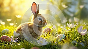 illustration of little brown bunny with colored easter eggs and blurred Easter background with copyspace