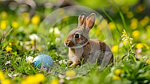 illustration of little bunny with colored easter egg and blurred background with copyspace