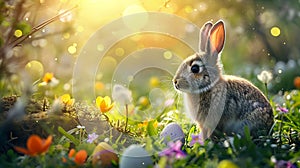 illustration of little bunny with colored easter eggs, colorful flowers and blurred background with copyspace