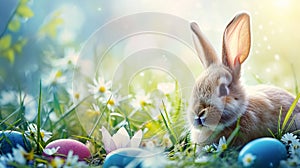 illustration of little bunny with colored easter eggs, daisies and blurred background with copyspace