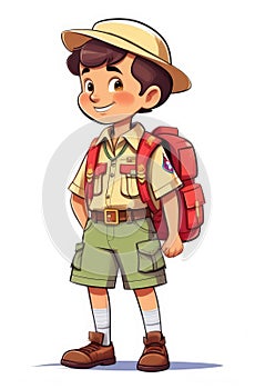 illustration of little Caucasian boy scout in shorts, hat, uniform with backpack on white backdrop