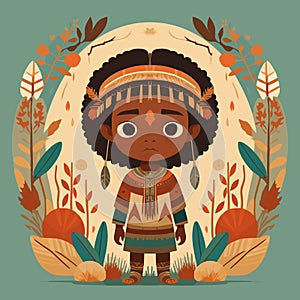 An illustration of a little cute girl in a native american costume. Indigenous People