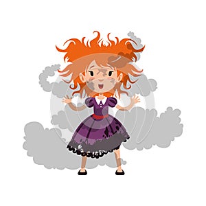 Illustration of little disheveled and soiled red-haired girl witch after the explosion of the potion. Kid character in