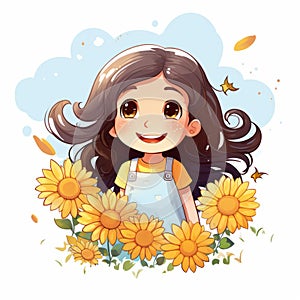an illustration of a little girl in a field of sunflowers