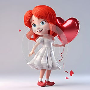 Illustration of a little girl or having a red balloon in the shape of a heart. Heart as a symbol of affection and