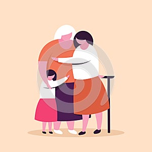 Illustration of a little girl hugging her mother and grandmother. Concept for Mother`s Day