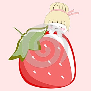 Illustration .A little girl peeking out from behind a large strawberry berry .Pink background