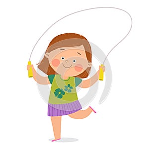 Illustration of a little girl playing skipping rope. Cartoon hand drawn10 illustration isolated on white in a flat style