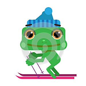 Illustration of a Little Green Frog on the Ski