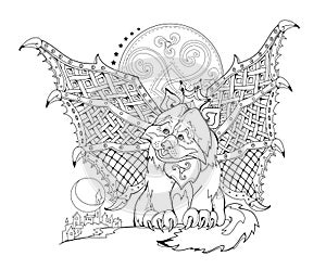 Illustration of little warlike kitten from ancient Celtic legend. Black and white page for kids coloring book. Print for logo or