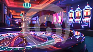 Illustration of a lively casino floor with roulette and slot machines capturing the thrill of gaming