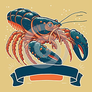 Illustration lobster Seafood. Hand-drawn retro Badge logo for Poster