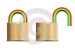 Illustration of lock-down, pad lock with rainbow.