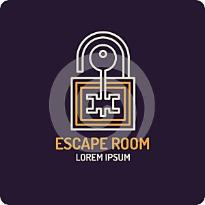 Illustration of lock and key. Real-life room escape and quest game logo