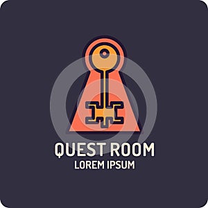 Illustration of lock and key. Real-life room escape and quest game logo