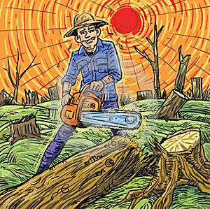 Illustration of a logger cutting down all the big in forest tree with a chainsaw.