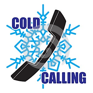 Illustration, logo, emblem of cold calling teleoperator with phone handset and a snowflake