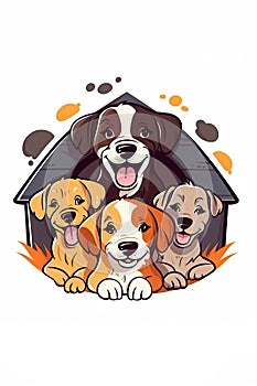 Illustration logo of happy dogs on white background. Adoption Campaigns, attention to animals in need of new home. Veterinary