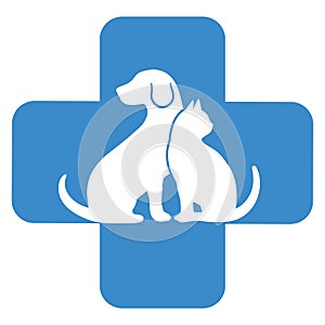 Illustration of the logo of a veterinary clinic.Silhouette of a dog and a cat with a medical cross