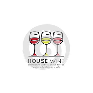 Illustration Logo of Winery or Wine Bar or Restaurant, Menu List Picture, Red, Rose and White Drink in Wineglass