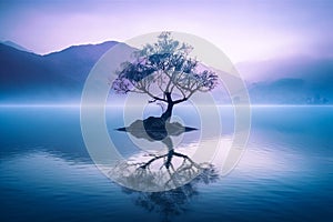 Illustration of a lone tree on a lake. AI generated.