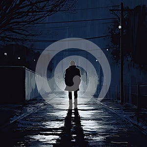 Illustration of a Lonely Man Walking Alone in the Dark