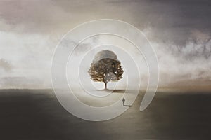 Illustration with lonely man walking towards a tree, symbol of life