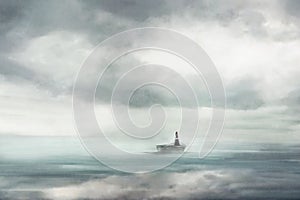 Illustration of a lonely woman with a boat in the middle of the ocean, travel concept
