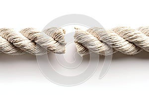 A long white rope with two ends, one end broken off, isolated on a solid background. the cut end of the cable is visible, sho