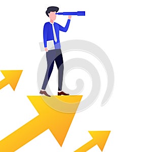Illustration of looking for business opportunities standing on a flying arrow
