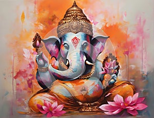 Illustration of Lord Ganesha, son of Shiva and Parvati, revered as the remover of obstacles, worshipped first in Hindu rites.