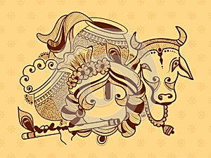Illustration of Lord krishna, cow and dahi handi celebration in happy janmashtami festival of india