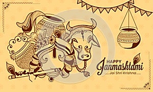Illustration of Lord krishna, cow and dahi handi celebration in happy janmashtami festival of india. translation in english jai