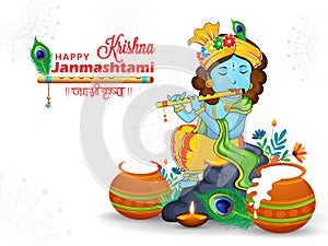Illustration of lord krishna on white indian traditional background design for celebration of janmashtami festival of india.