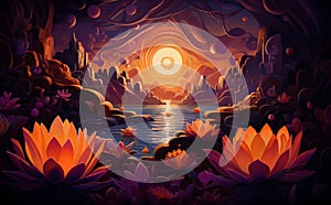 An illustration of a lotus with an autumn sunset, in the style of cosmic landscapes