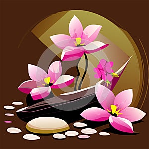 Illustration of a lotus flower and spa stones on a brown background generative AI