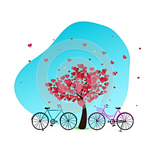 Illustration of love and valentine day, bike and a tree made out of hearts. paper art and digital craft style