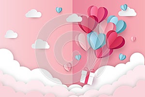 Illustration of love and valentine day with heart baloon, gift and clouds. photo