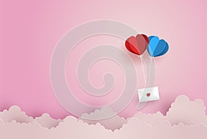 Illustration of Love and Valentine Day,twin paper hot air balloon heart shape hang envelope floating on the sky.