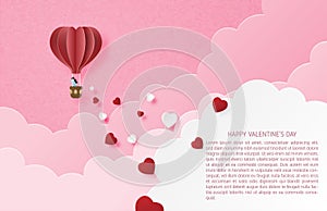 Illustration of love valentine`s day banner with couple in hot air balloon and heart shape in paper cut style. Digital craft pape