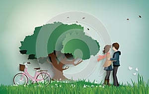 Illustration of love and valentine`s Day, with couple standing hugging on a grass field